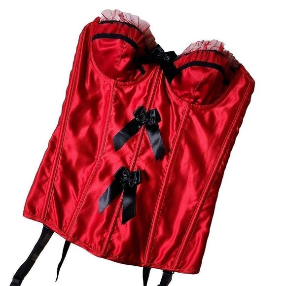 90s y2k Fredericks of hollywood red satin bow bustier corset top - Picture 2 of 4